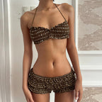 Summer Vacation Backless Lace Up Swimsuit Bikini Polka Dot Pleated Corset Sling Boxer Shorts