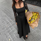 Women's Elegant Lightly Mature Black Square Collar Lace Long Sleeve Dress