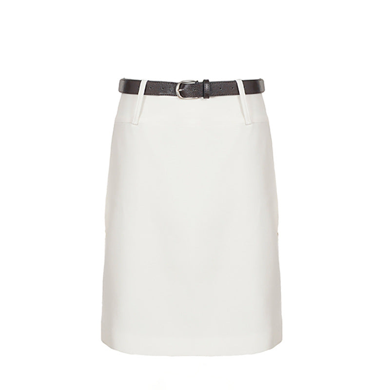 White A-line solid skirt with belt and clean, structured waistband