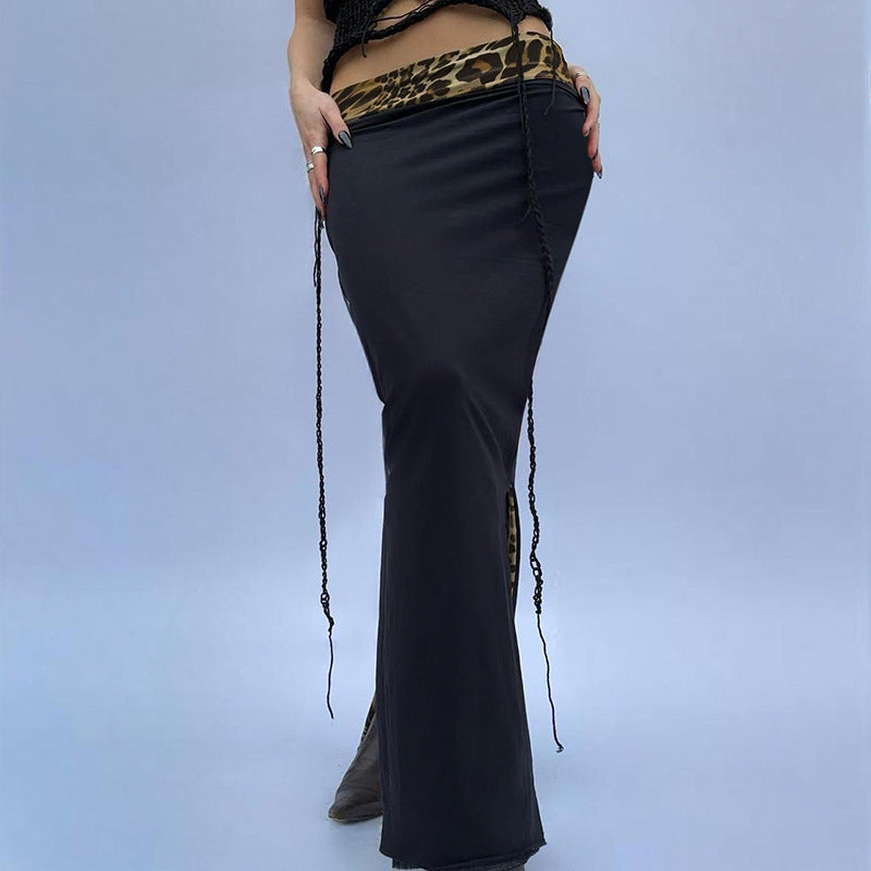 Streetwear Reverse Cuffed Waist Sheath Leopard Skirt