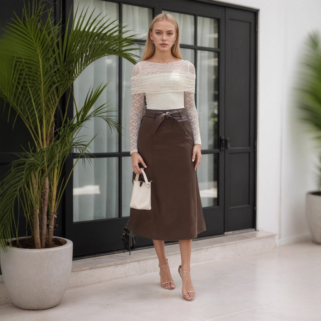 Women's High-Waist Faux Leather A-Line Skirt