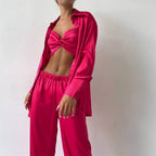 Spring Autumn Casual Satin Wrapped Chest Vest Shirt Pants Three-Piece Set