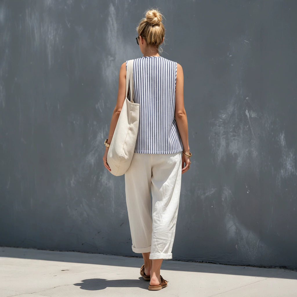 Women's Blue Striped Vest & Wide-Leg Pants Set