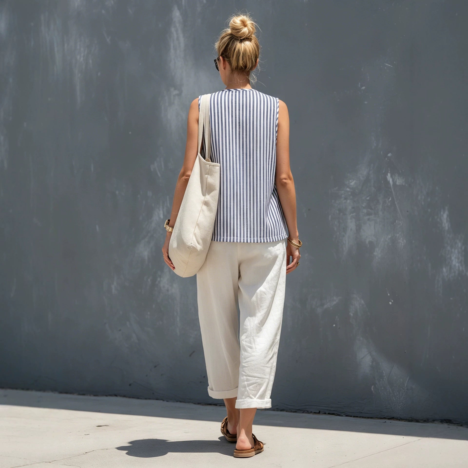 Women's Blue Striped Vest & Wide-Leg Pants Set