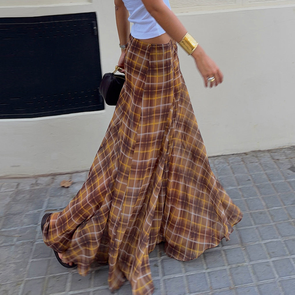 Women's Retro Low Waist Slimming Patchwork Plaid A Line Street Design Casual Skirt