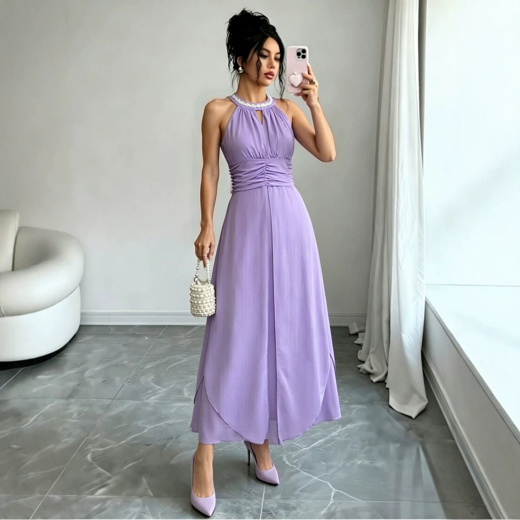 's Popular Version Halter Beaded Swing Strapless Dress Chiffon Formal Dress