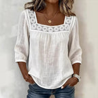 Summer Solid Color Casual Square Collar Lace Stitching