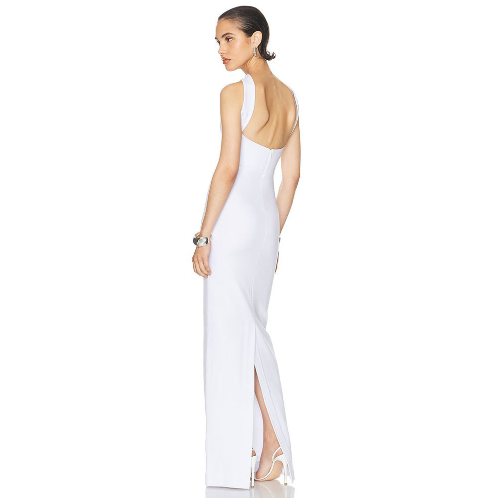 Women's Summer Side Slit Bandage Elastic Long Strapless Tight Halter Dress