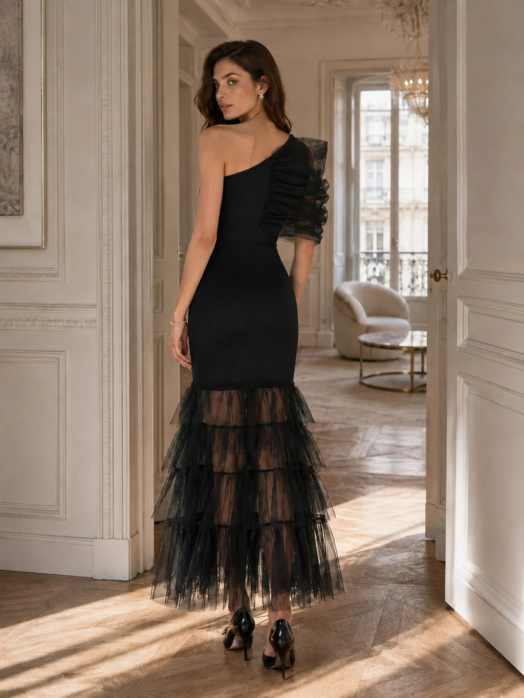 Asymmetric Mesh Fishtail Evening Dress