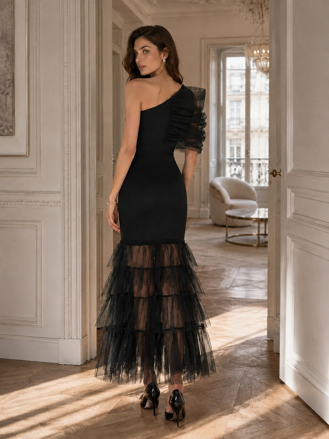 Asymmetric Mesh Fishtail Evening Dress
