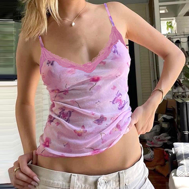 Butterfly Print Lace V-Neck Mesh Camisole
