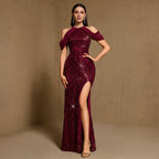 Women's Sequin Off-Shoulder Fishtail Evening Dress