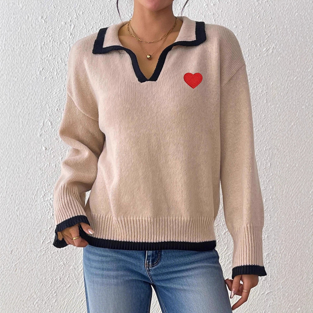 Women Clothing Collared Color Contrast Patchwork Love Stickers Autumn Winter Top