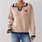Women Clothing Collared Color Contrast Patchwork Love Stickers Autumn Winter Top