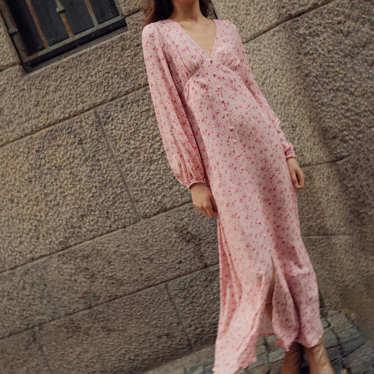 Floral V-Neck High-Waist Slit Maxi Dress
