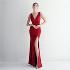 Women's Satin Beaded Long Banquet Slim Fit Evening Dress Elegant Long