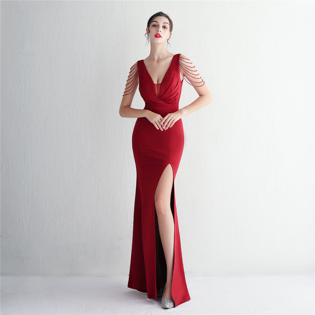 Women's Satin Beaded Long Banquet Slim Fit Evening Dress Elegant Long