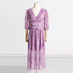Women's Purple Floral Puff-Sleeve Dress