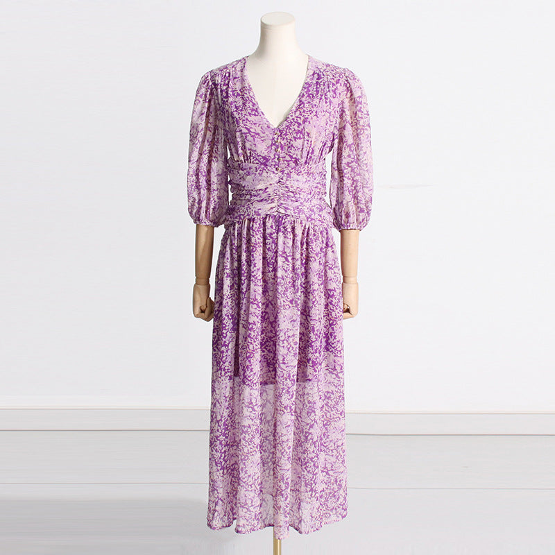Women's Purple Floral Puff-Sleeve Dress
