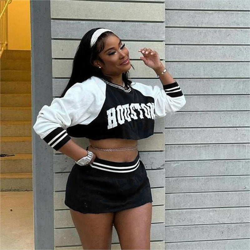Women's Autumn Street Hipster Slim Baseball Sweater Skirt Set