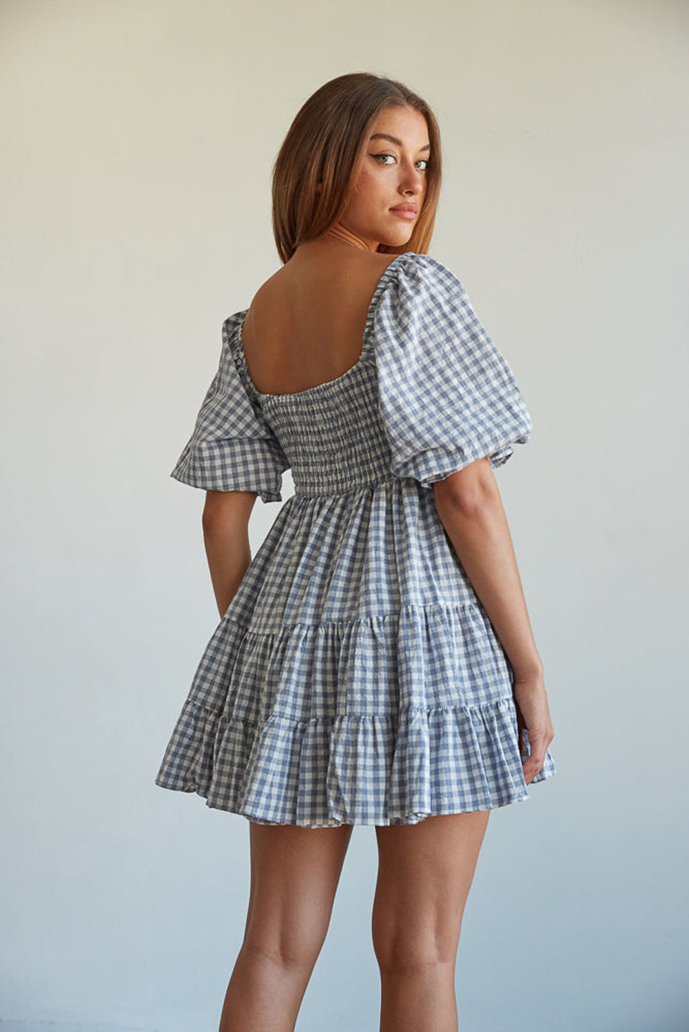 Women's Clothing Plaid Tight Waist Large Swing Square Collar Short Sleeve Plaid High Waist Dress