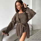 Summer Cool Feeling Leopard Print Long Sleeve Nightgown Suspender Shorts Three Piece Knitted Home Wear Women Can