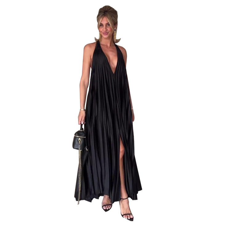 Women's Elegant Pleated Halter Solid Color Dress