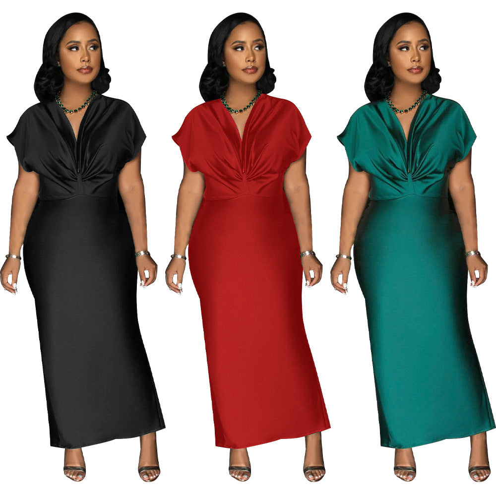 Women's V-Neck Short-Sleeve Split Maxi Dress