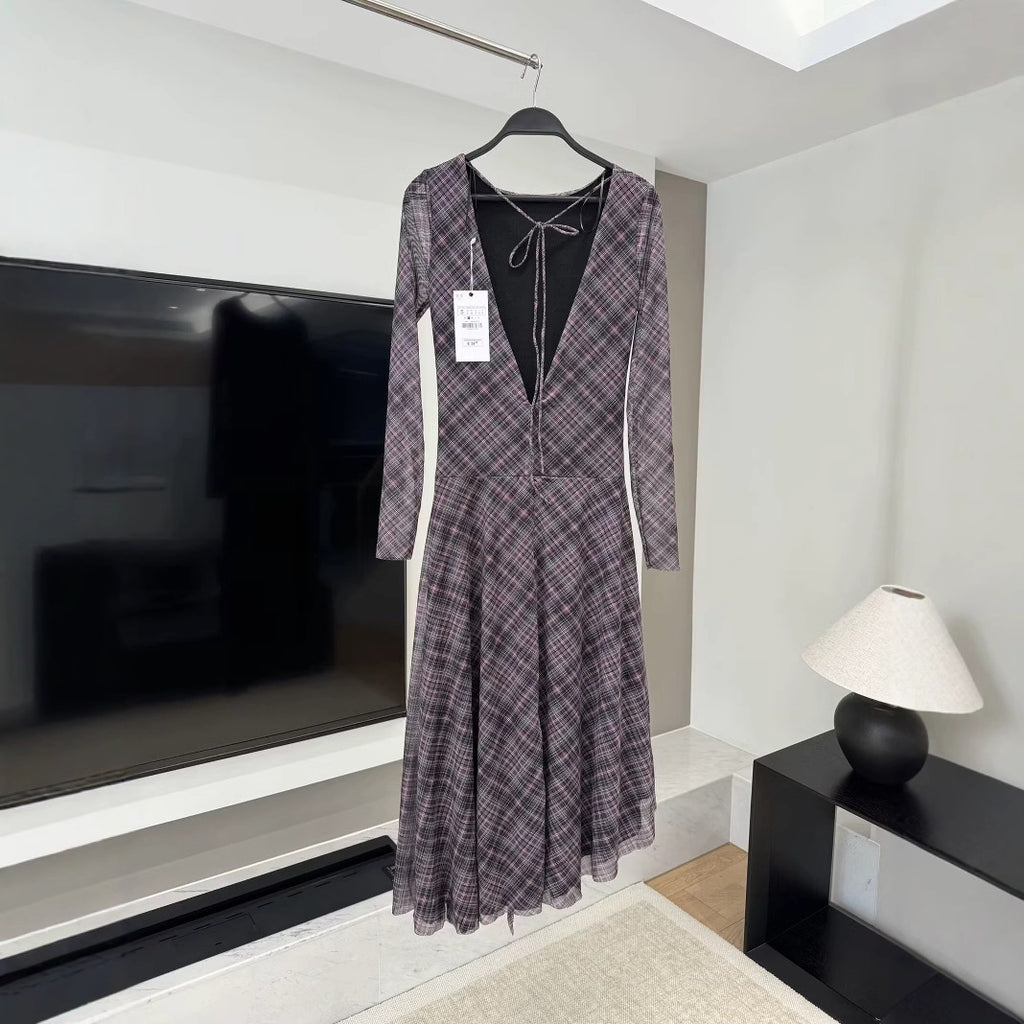 Women's V-Neck Check Asymmetric Tie Long-Sleeve Dress