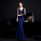 Women's Full Lace Diamond Bridal Long Sleeve Dinner Fishtail Evening Dress