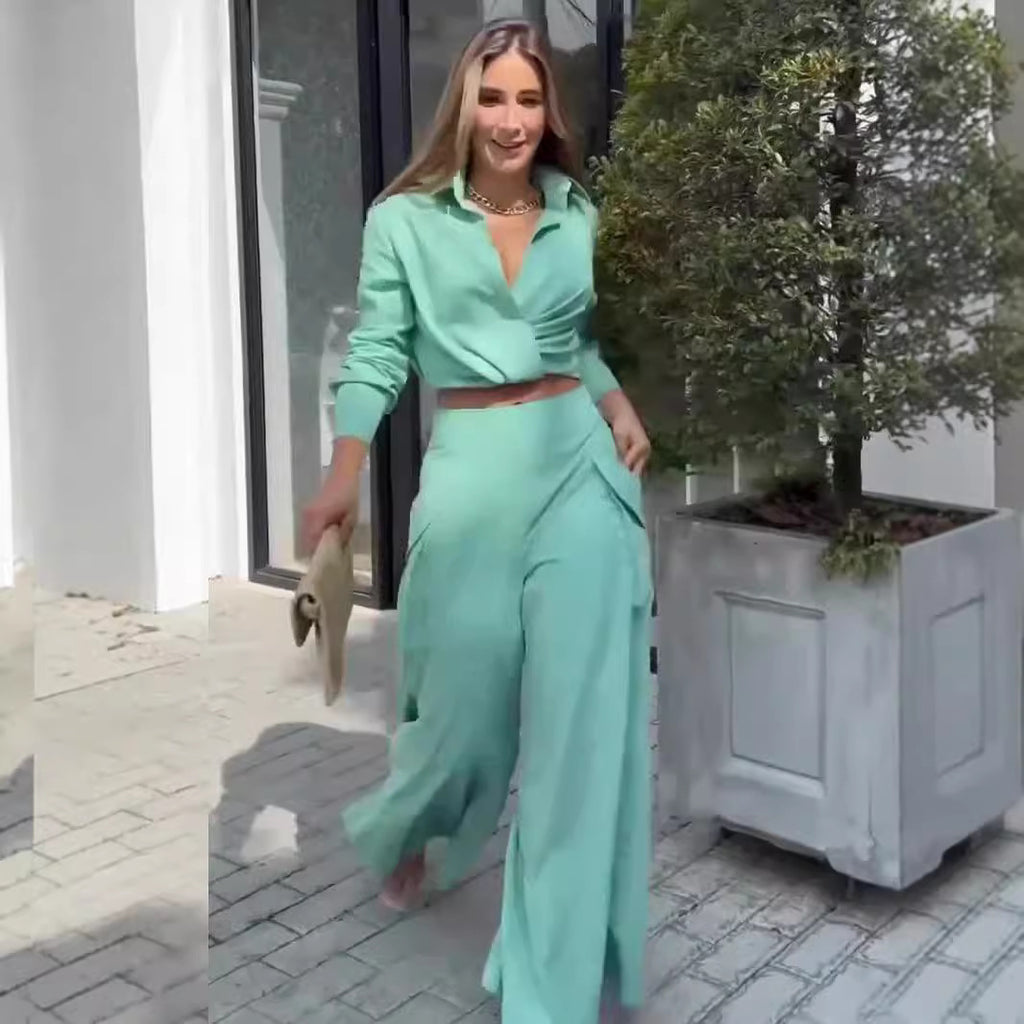 Elegant Long-Sleeve Top & Wide-Leg Pants Two-Piece Set