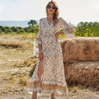 Women's V Neck High Waist Casual Slit Bohemian Dress For Womenspring A Line