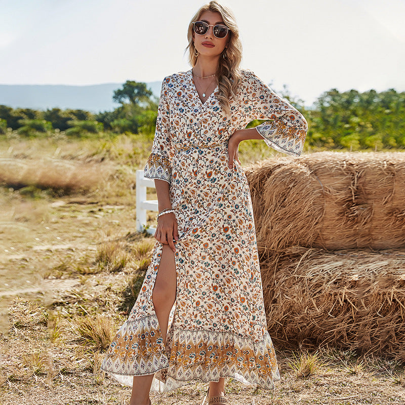 Women's V Neck High Waist Casual Slit Bohemian Dress For Womenspring A Line