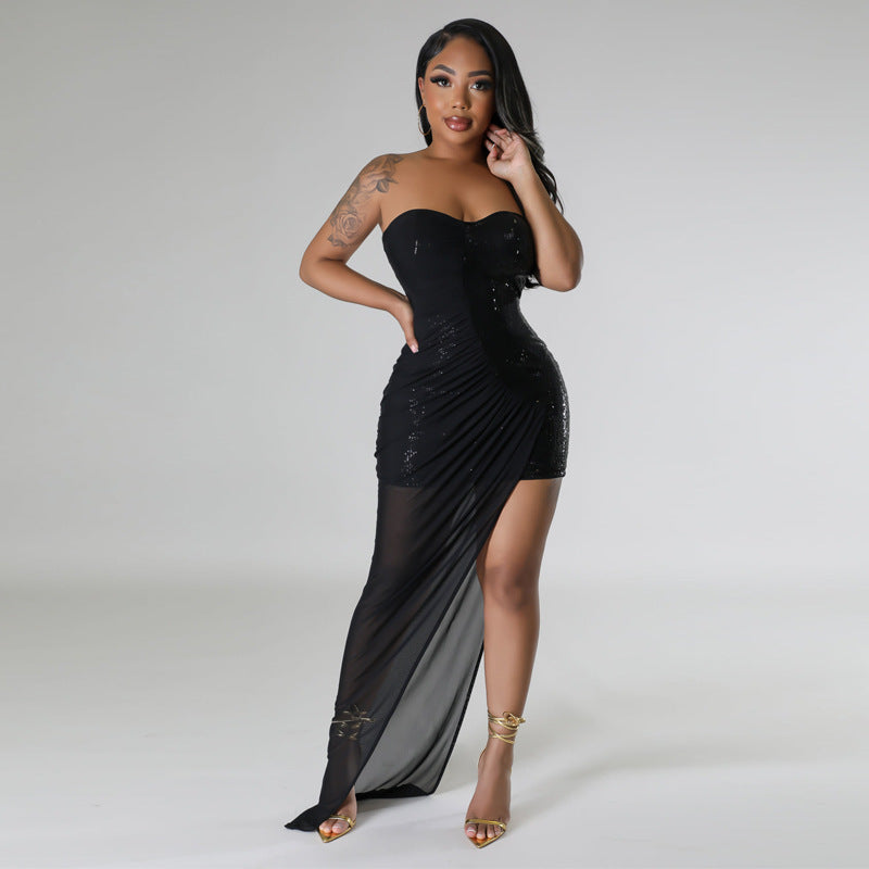 Women's Strapless Sequin Ruched High-Low Dress