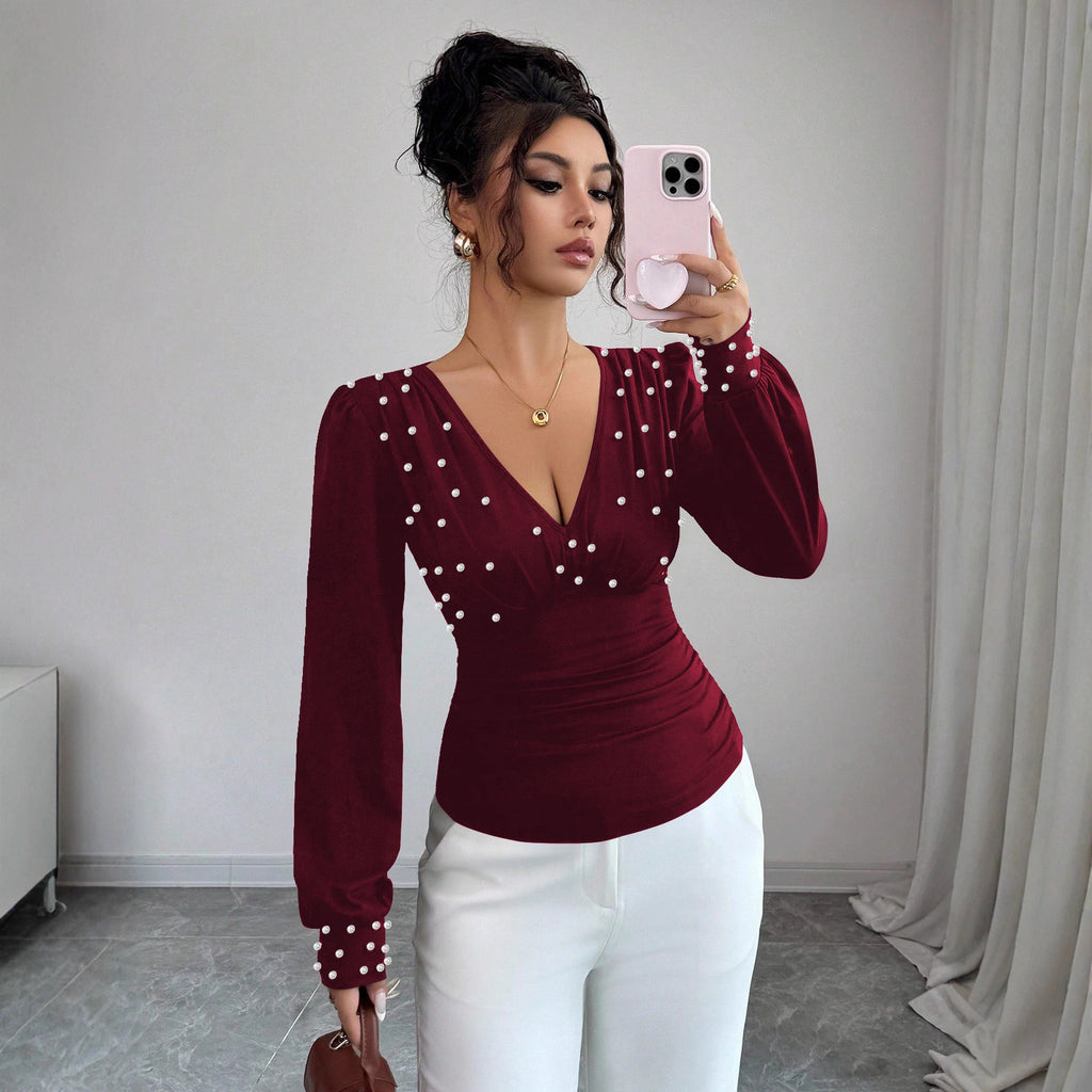 V-Neck Pearl Detail Fitted Long Sleeve Top