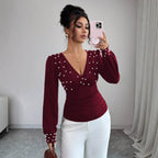 V-Neck Pearl Detail Fitted Long Sleeve Top