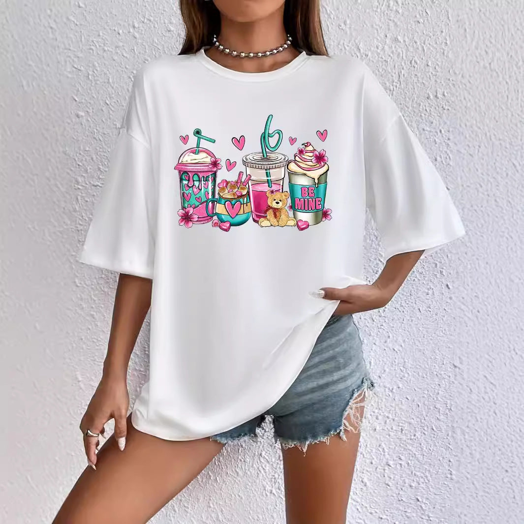 Women's Summer Ladies Casual All Match Round Neck Cartoon Beverage Printing Short Sleeve Loose T Shirt