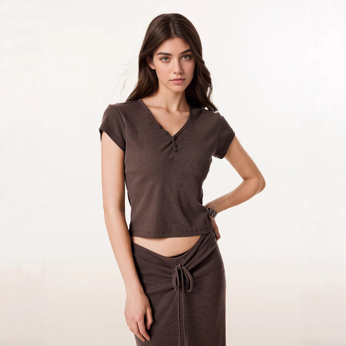 Women's V-Neck Short-Sleeve Top and Skirt Two-Piece Set