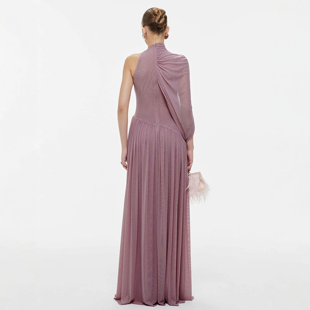 One Shoulder Pinch Pleated Ribbon Vietnam Pleated Hip Dress