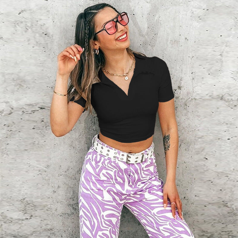 Women’s White Ribbed Polo Collar Cropped Top