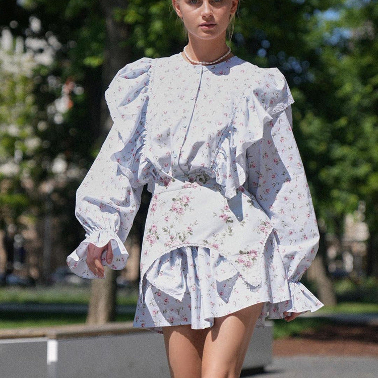 Summer French Design Detachable Waist Seal Floral Print Long Sleeve