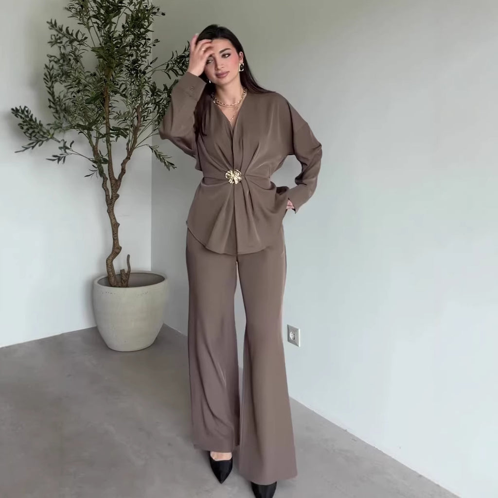 Solid Color Long Sleeve Button Peplum Top Straight Leg Pants Casual Two Piece Sets