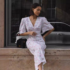 Floral V-Neck Half-Sleeve A-Line Maxi Dress