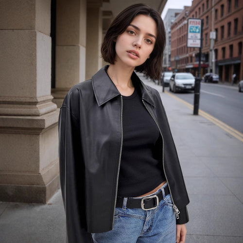Black cropped leather jacket with polo collar, front zipper, double pockets