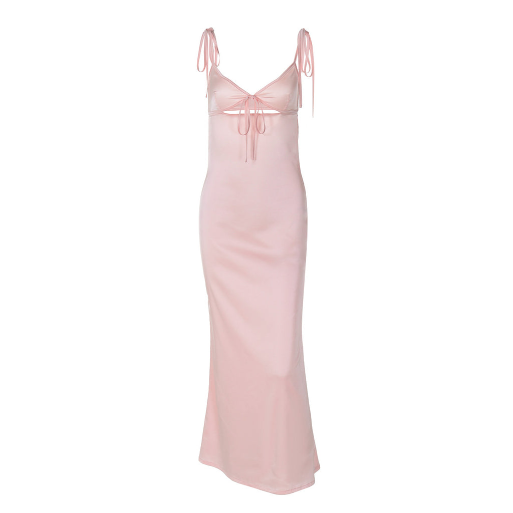 Summer V neck Lace Strap Satin Dress Sleeveless Self Tie Dress Women