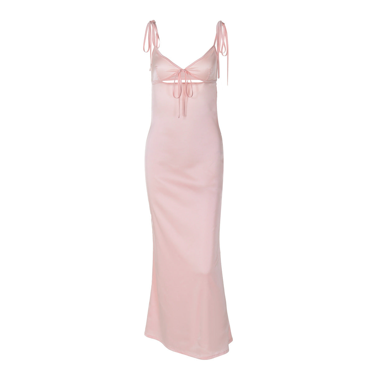 Summer V neck Lace Strap Satin Dress Sleeveless Self Tie Dress Women