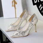 Women's Lace-Decorated Slip-On Pointed-Toe High Heels With Bowknot