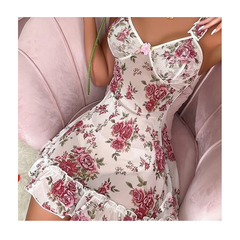 Sexy Nightdress Sexy Strap Sexy Lingerie Floral Perspective Short Skirt Sexy Lingerie