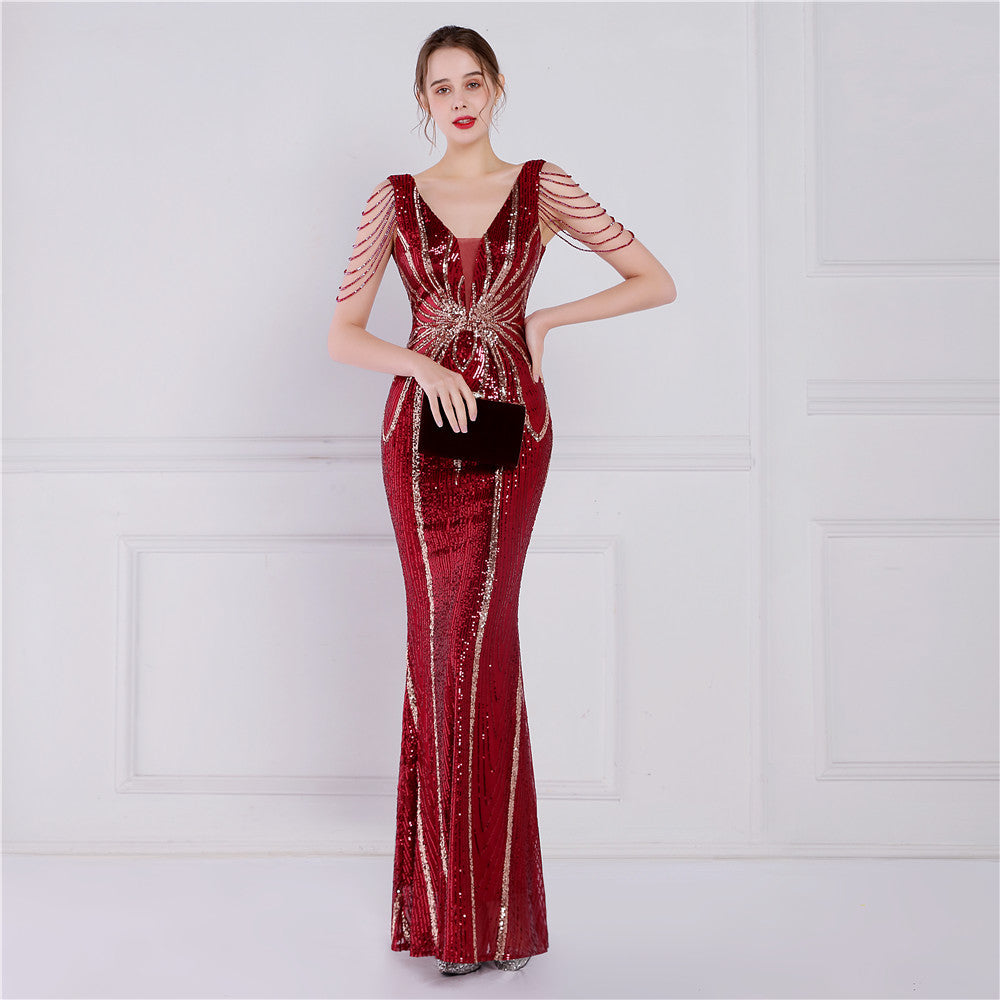 Women's Floral Sequin Crafts Beaded Banquet Long Sleeve Sequin Aura Dress