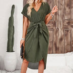 Solid-Color V-Neck Loose Dress
